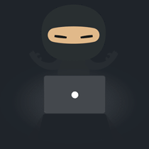 Imagen de un ninja delante de un portatil